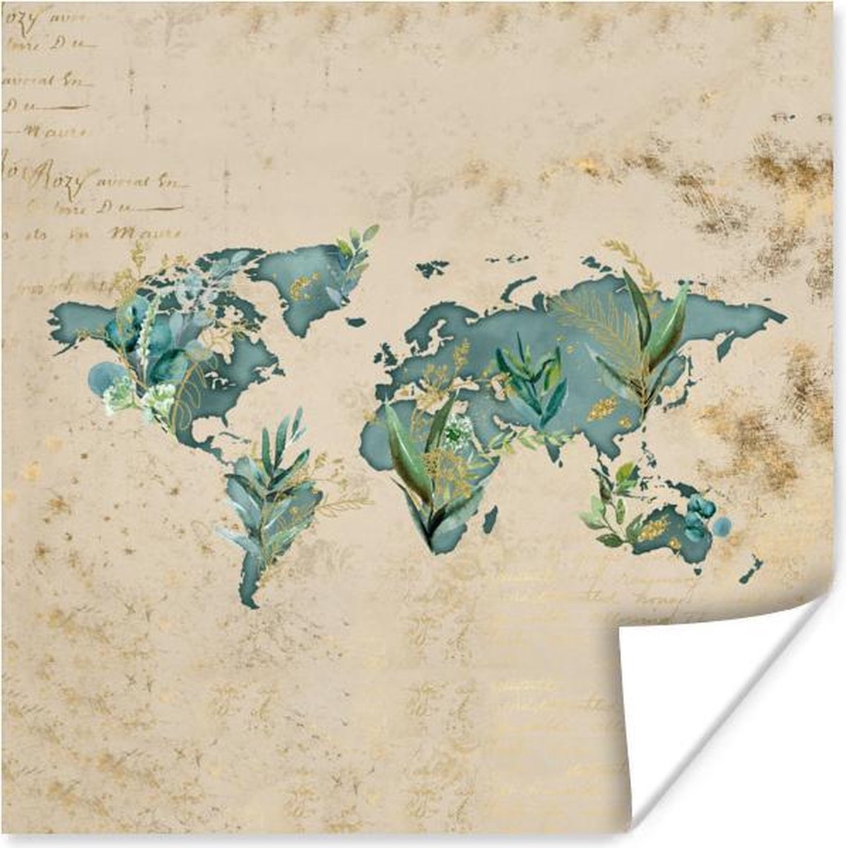 Muurdecoratie - Wereldkaart - Vintage - Planten - 50x50 cm - Poster