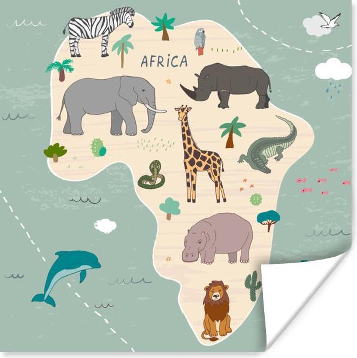 Afrika - Wereldkaart kinderen - Dieren - Schoolplaat - Kinderkamer - 30x30 cm
