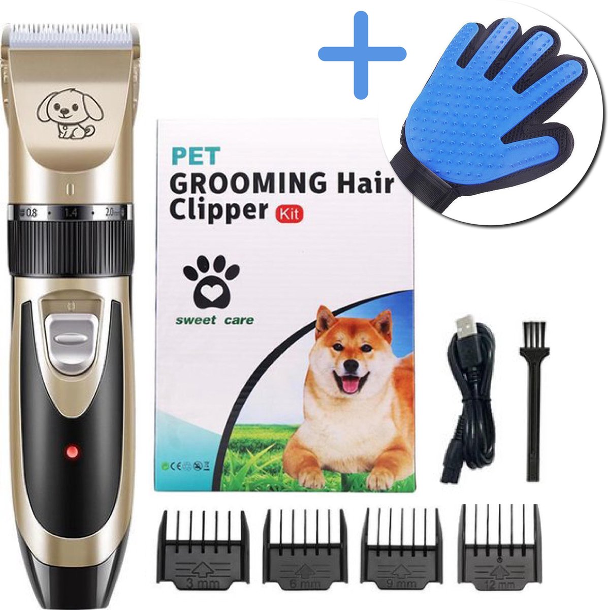 Professionele Dieren Tondeuse Set - voor Huisdieren - Kat & hond & Draadloos - Oplaadbaar - Pet Trimmer - Fluisterstil - 5 standen - 4 opzetstukken - Dieren Verzorging - Inclusief Massage Borstel Handschoen
