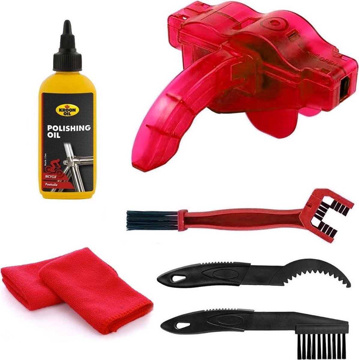 Fietsketting reiniger Rood - Ketting schoonmaken - Kettingborstel - Fiets schoonmaak set - ontvetter fiets - kettingreiniger - fietsketting smeermiddel - ketting olie - fiets accessoires Inclusief borstels - 6 - delige set - Fietsgereedschap