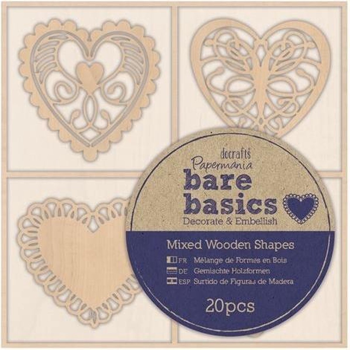 Houten vormen(20  stuks) - Bare Basics - Filigraan Hartjes