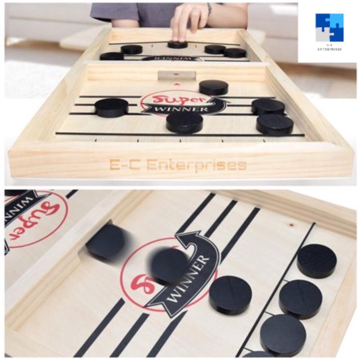 E-C Enterprises Slingpuck XL®️ - grote versie 56cm x 30cm - met opbergdoos - speed shuffle - sjoelbak - sling puck - slingershot origineel - slingshot - klask - schiet bordspel - houten bordspel - gezelschapsspel- Super Winner - sjoelbak met elastiek