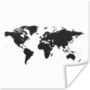 Muurdecoratie - Wereldkaart - Simpel - Zwart Wit - 50x50 cm - Poster
