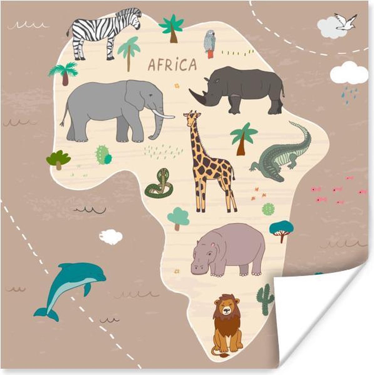 Dieren - Wereldkaart kinderen - Afrika - Schoolplaat - Kinderkamer - 30x30 cm