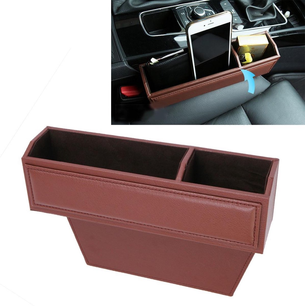 2 STKS Autostoel Spleet Opbergdoos met Interval Cup Bekerhouder Organizer Auto Kloof Pocket Opbergen Opruimen voor Telefoon Pad Kaart Munt Case Accessoires (bruin)