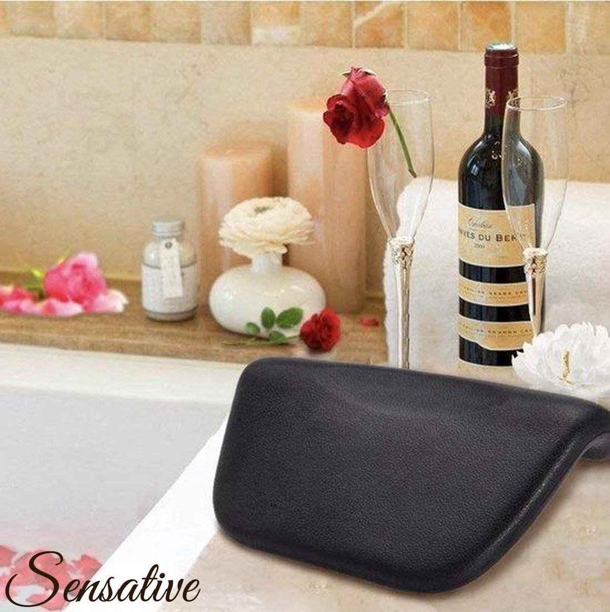 Sensative Luxe Badkussen met Anti Slip Zuignappen | Waterdicht | Home Spa BadKussen Voor Rug/Schouder/Nek | Orthopedisch Hoofdsteun voor in Bad en Jacuzzi | Zwart