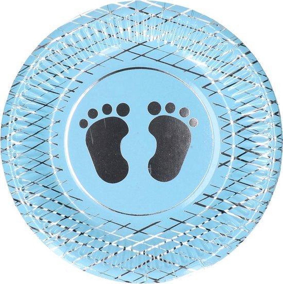 Kartonnen Bordjes blauw met zilveren voetjes klein geboorte jongen 23 cm 8 st - Wegwerp borden - Feest/verjaardag/BBQ borden