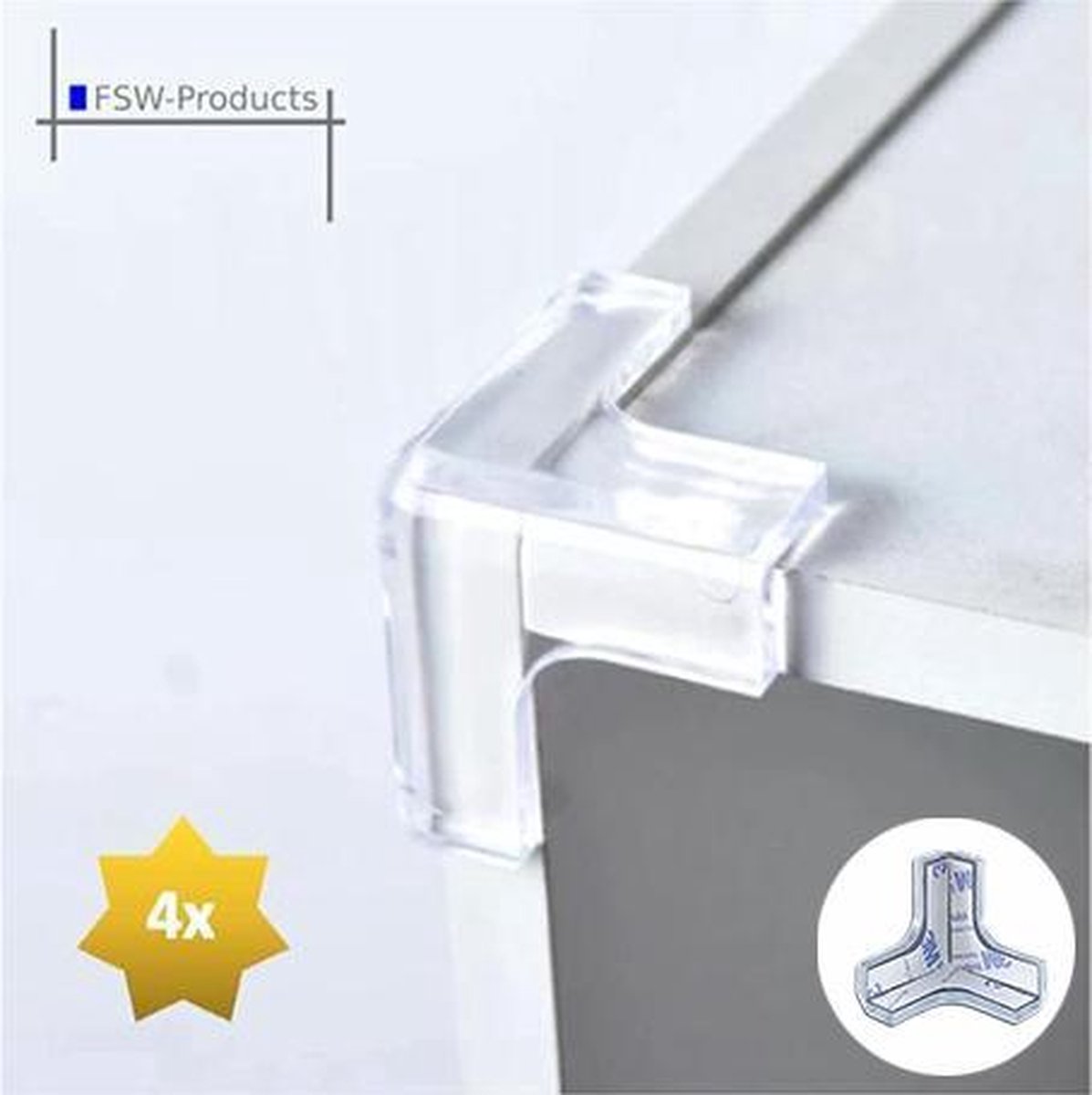 FSW-Products - 4 Stuks - Siliconen Tafel Hoekbeschermers Set - T-vorm - 3M Tape - Transparant - Tafelhoek Beschermers - Beschermhoeken - Veiligheid Baby Peuter en Kind - Zelfklevende tafelhoek beschermers - Tafelhoekbescherming - Kinderbeveiliging