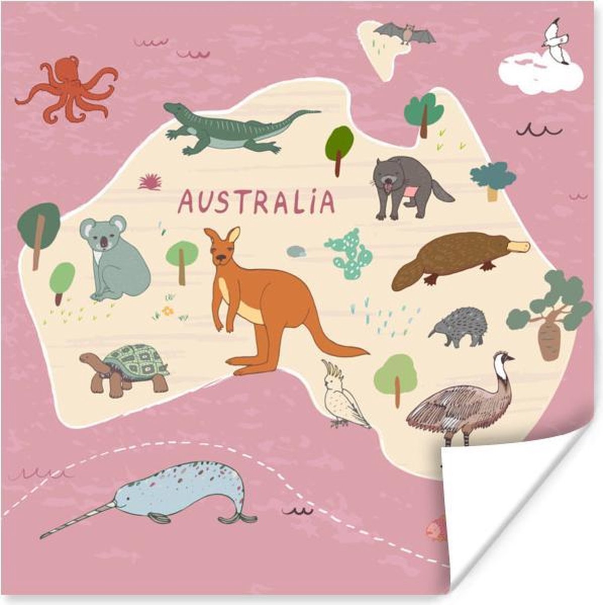 Dieren - Wereldkaart kinderen - Australië - Schoolplaat - Kinderkamer - 50x50 cm
