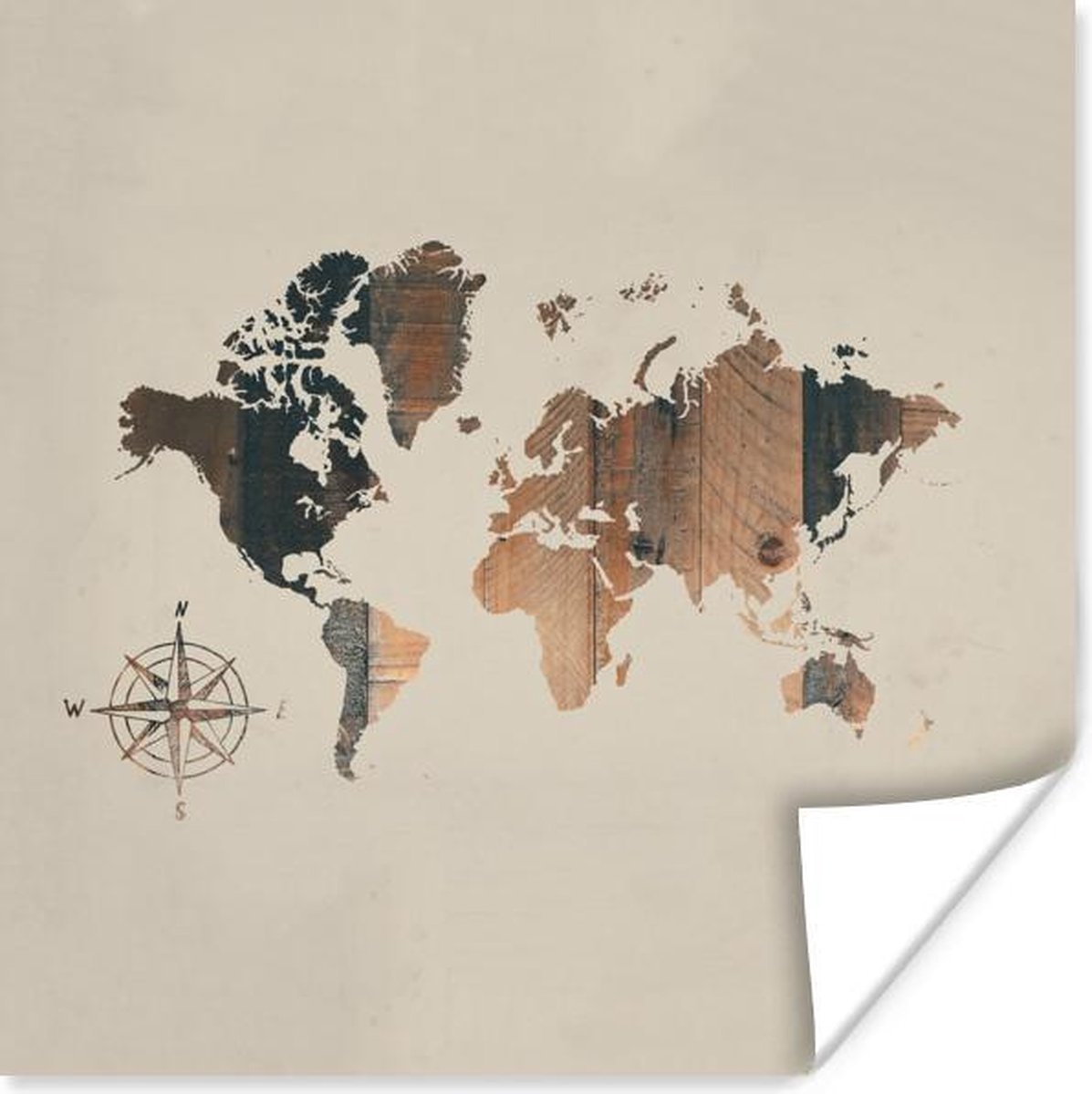 Poster Wereldkaart - Hout - Kompas - 100x100 cm XXL