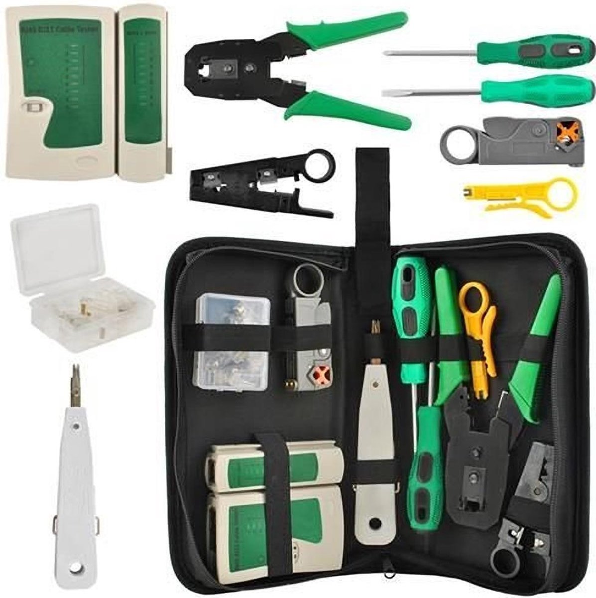 Netwerk Tester - Compleet - Set in etui- RJ45/RJ12/RJ11/Cat5/Cat5e/Cat6/UTP/LAN - Kabeltester Met Krimptang & LSA tang