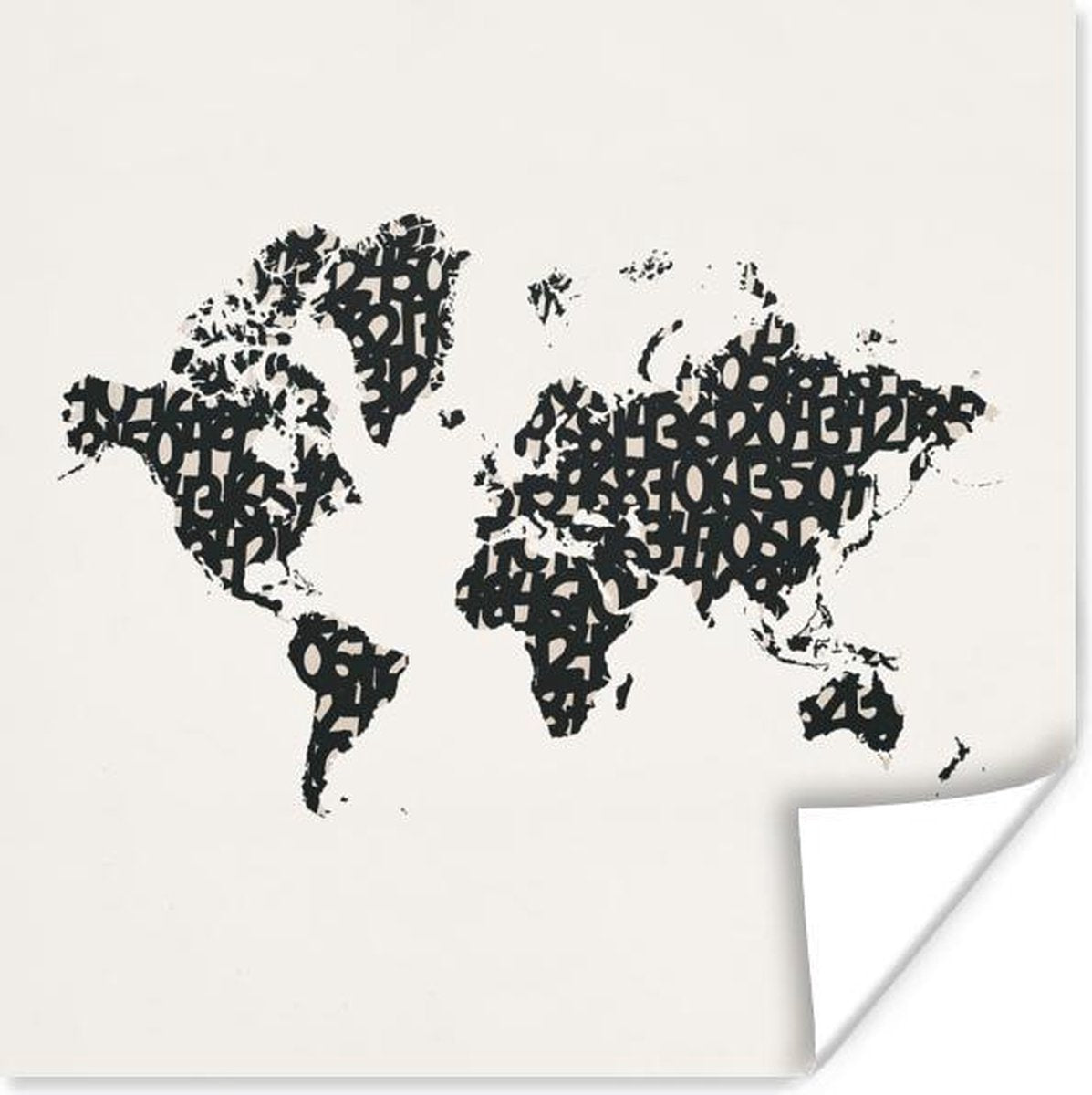 Muurdecoratie - Wereldkaart - Zwart - Wit - Cijfers - 50x50 cm - Poster