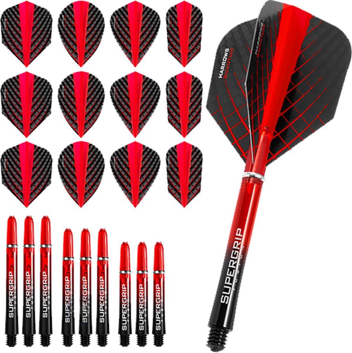 Dragon Darts – Harrows - Combi kit – Quantum – 3 sets darts shafts – 4 sets darts flights - Rood