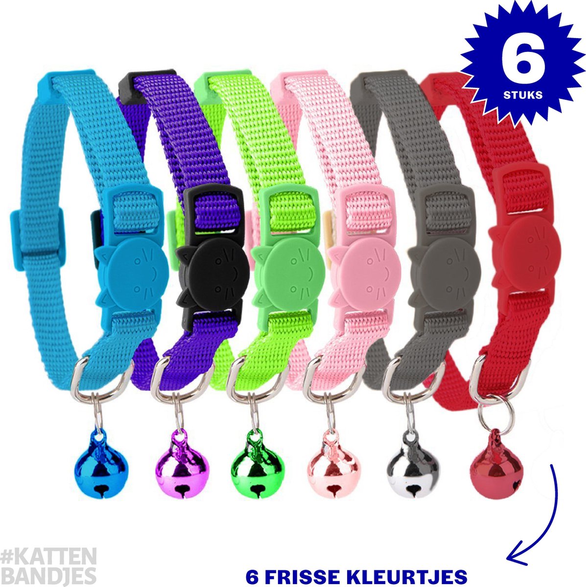 Halsband kat | Kattenband | Kitten | Kattenhalsbandjes met veiligheidssluiting en belletje in 6 kleuren - 6-pack