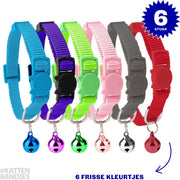 Halsband kat | Kattenband | Kitten | Kattenhalsbandjes met veiligheidssluiting en belletje in 6 kleuren - 6-pack