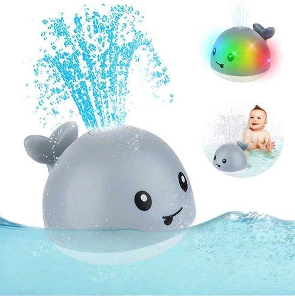 Badspeelgoed | Bad | Badspeeltje | Lichtgevend | Sensor Fontein | Verschillende kleuren licht | Wally de Walvis | Multicolor | Grijs