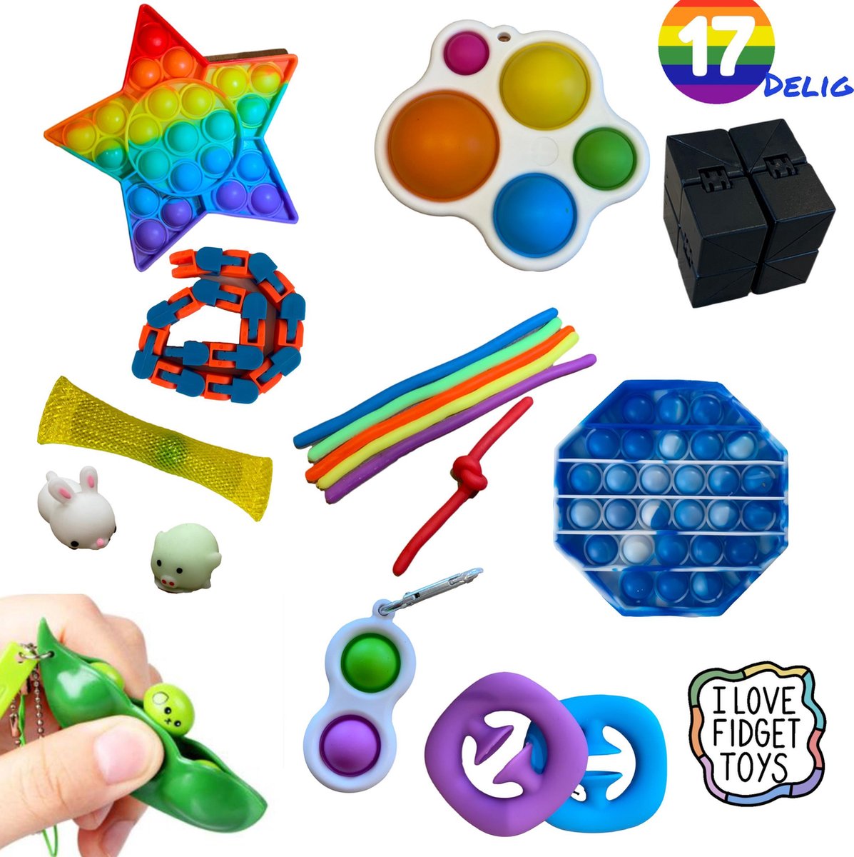 XXL fidget Pakket 17 delig Fidgets monkey noodles