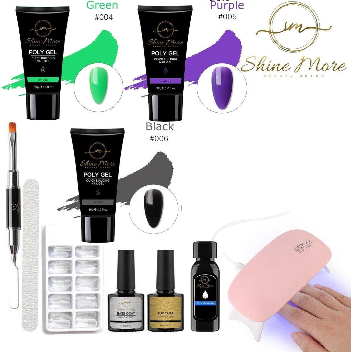 Shinemore ® Poly Gel kit - Gellak Starters pakket incl. UV Nageldroger - 3 kleuren polygel - Nageltips - Top & Base coat - Nageldroger - Poly Acryl nagels - Polygel set - Green 
