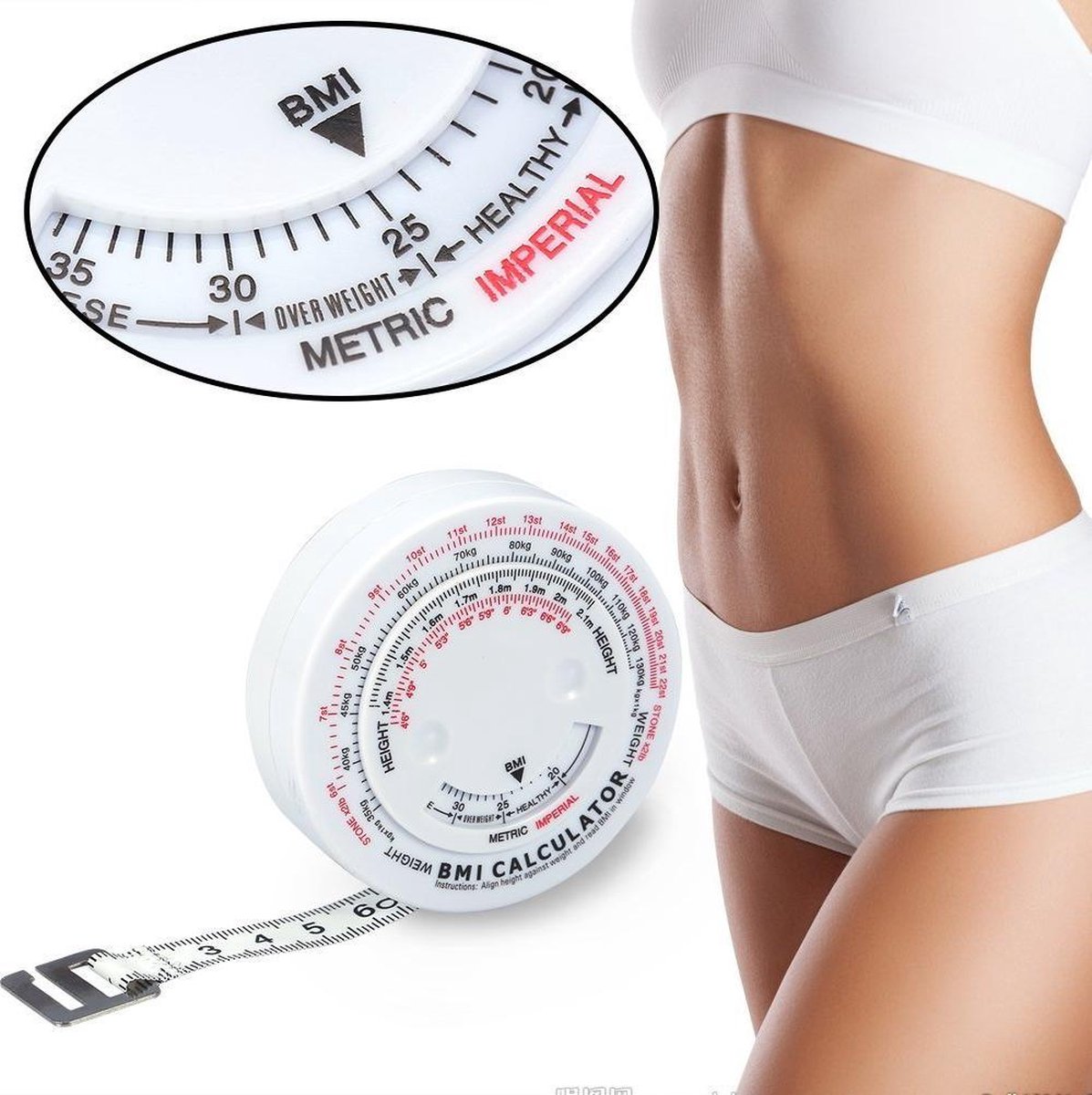 Omvang Meetlint Met BMI Meter - Bereken Eenvoudig Uw Body Mass Index - Alternatief Voor Huidplooimeter / Vetmeter - Hulpmiddel Bij Afvallen - Wit