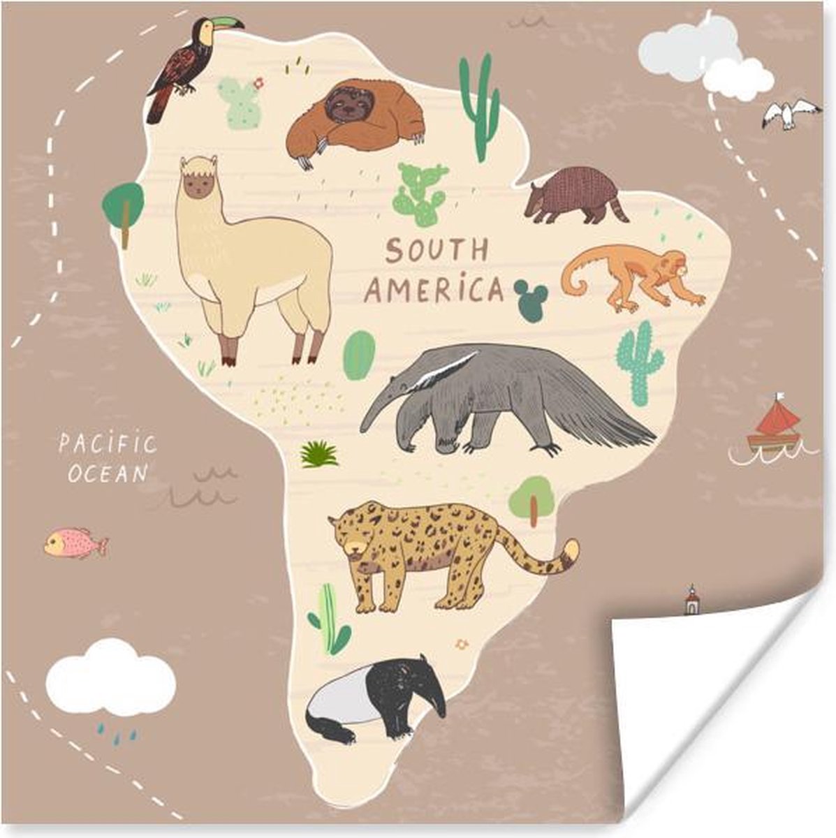 Dieren - Wereldkaart kinderen - Bruin - Schoolplaat - Kinderkamer - 50x50 cm