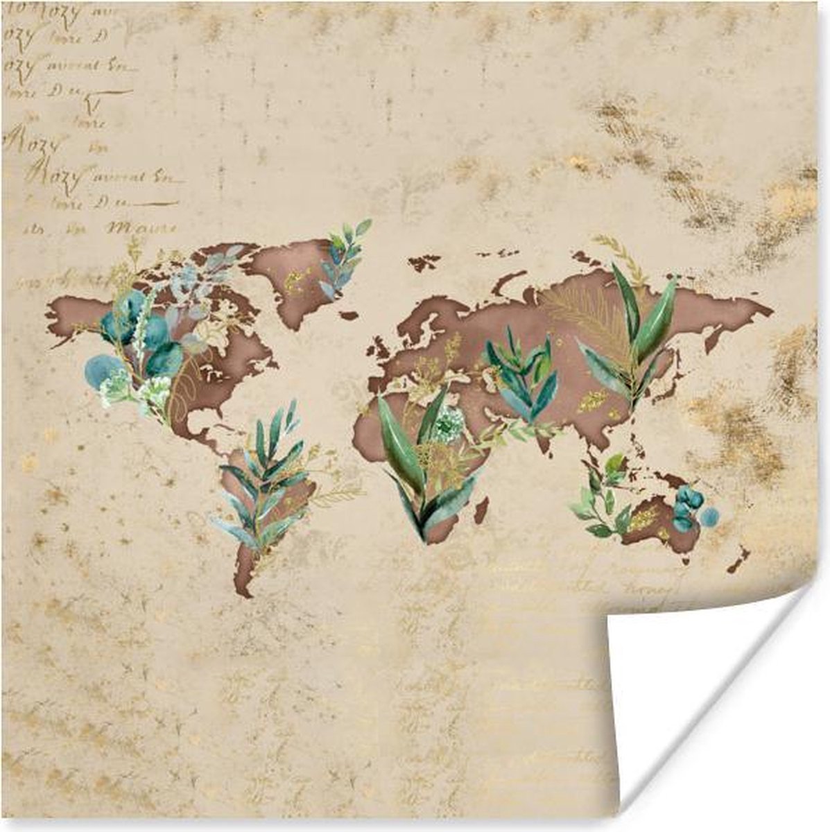 Muurdecoratie - Wereldkaart - Bruin - Vintage - 50x50 cm - Poster