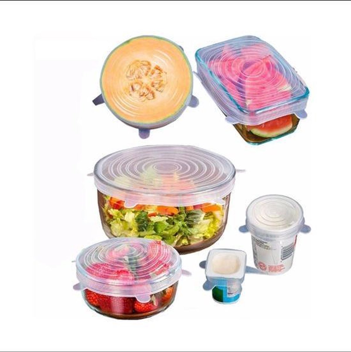 Siliconen vershoud deksels –  set van 6 stuks – flexibel – herbruikbaar – wit - stretch tot wel 30 cm