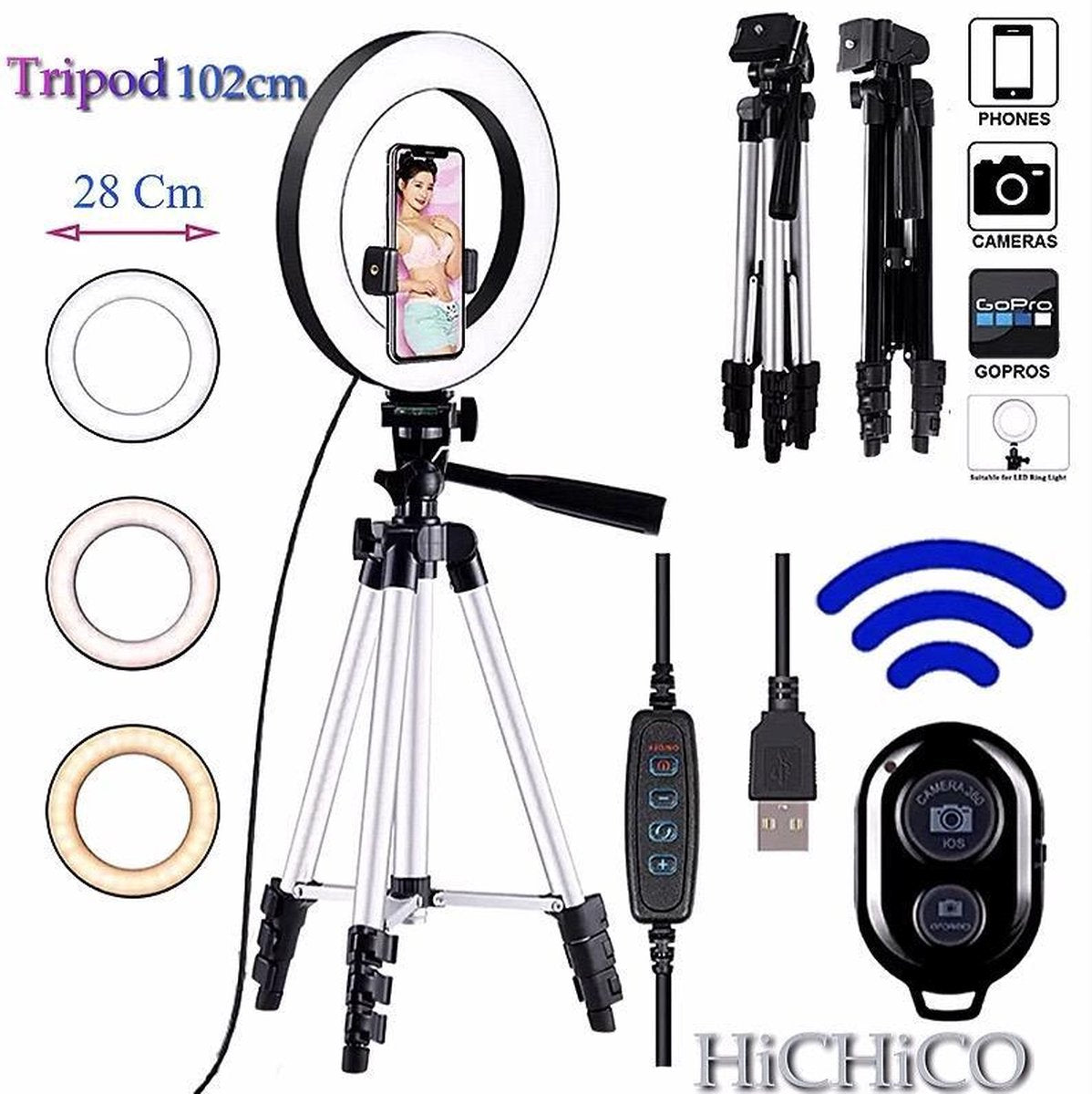 LED Ring Light 28 Cm met Smartphone Tripod Camera Statief 102 Cm Zilver Inclusief Bluetooth shutter – HiCHiCO