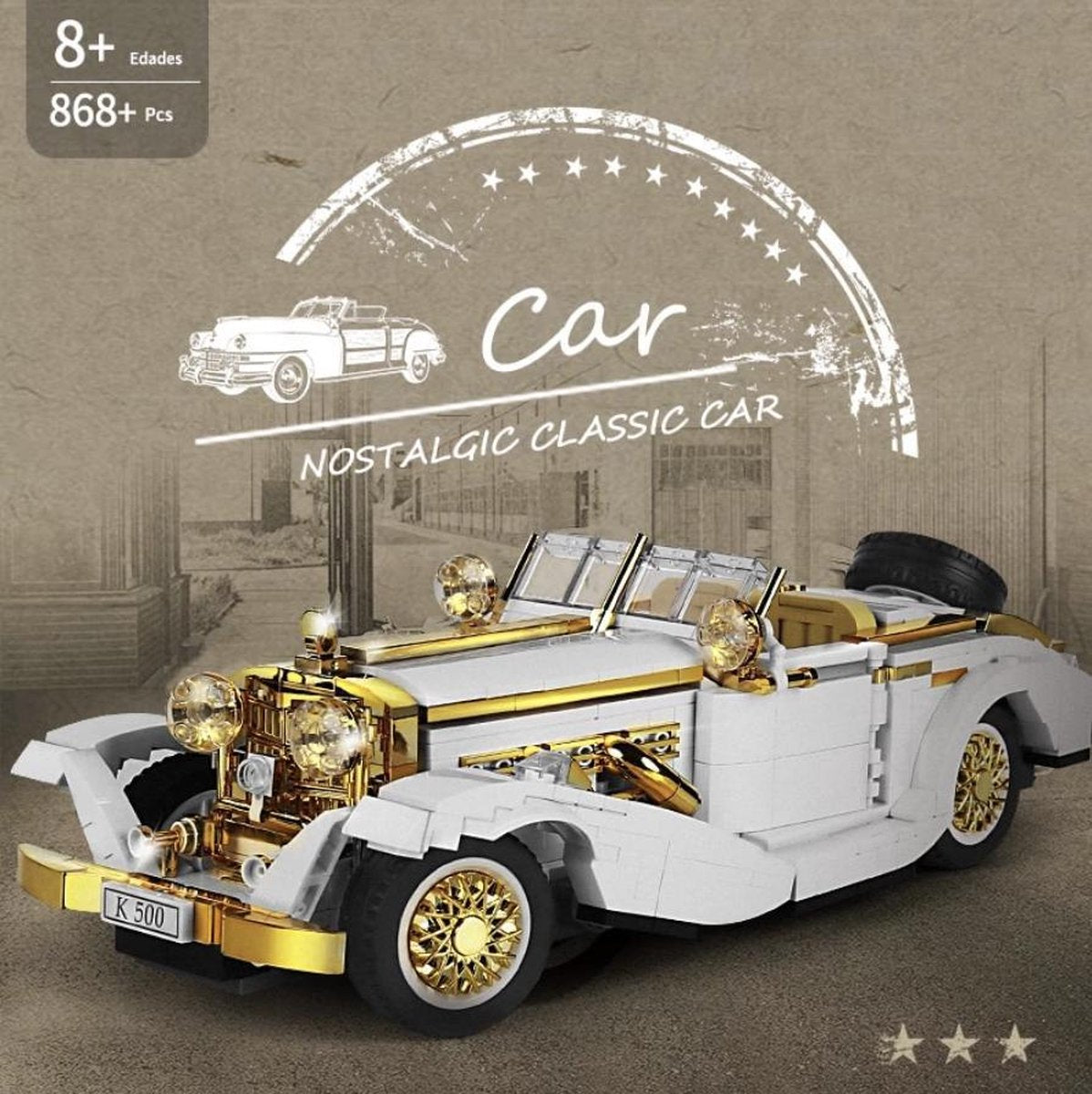 Mercedes Benz K500 Special Roadster Classic Car Bouwpakket -  Creator - Technic - Oldtimer - 868 Bouwstenen - Toy Brick Lighting® - Lego® Compatible