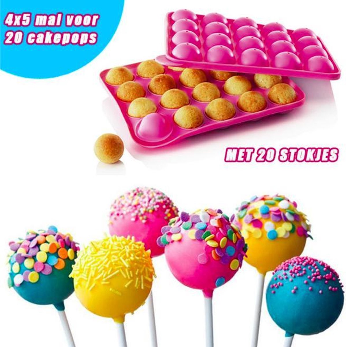 ProductGoods - Siliconen Cakepop Bakvorm - Pop Cake Maker - 20 Gaatjes + 20 Stokjes - Bakvormen