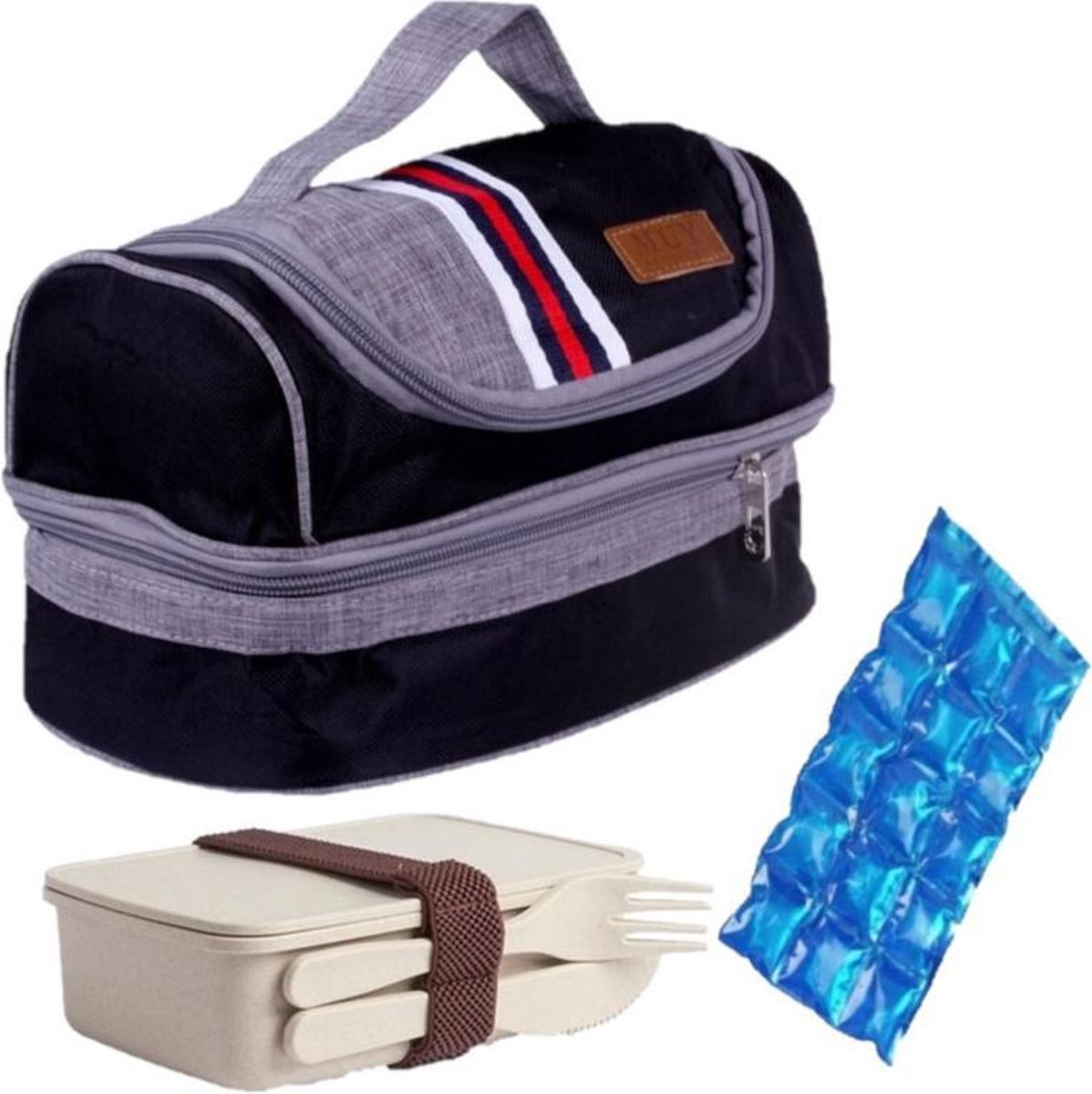 Kleine koeltas voor lunch zwart met lunchbox met bestek en flexibel koelelement 5.4 liter