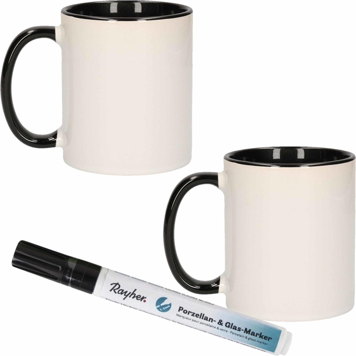 2x stuks zwart/witte drink mokken van keramiek met een zwarte porseleijn marker stift - Maak uw eigen mokken