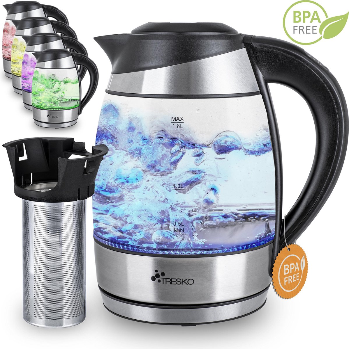 Tresko  - Camping waterkoker van glas - Gekleurd led licht