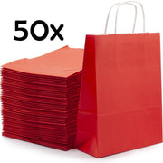PrimeAmbition Kraft Papieren Tasjes Met Handvat – 50 Stuks – Rood – 18 x 8 x 24 cm – Papieren Zakjes - Gift Bag – Geschenktas – Cadeautasjes – Cadeauzakjes – Cadeau Tas