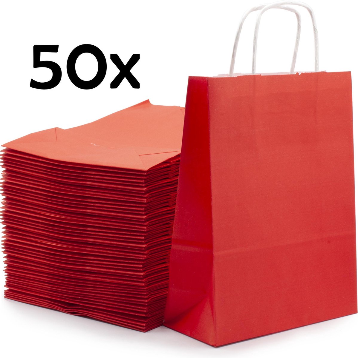 PrimeAmbition Kraft Papieren Tasjes Met Handvat – 50 Stuks – Rood – 18 x 8 x 24 cm – Papieren Zakjes - Gift Bag – Geschenktas – Cadeautasjes – Cadeauzakjes – Cadeau Tas