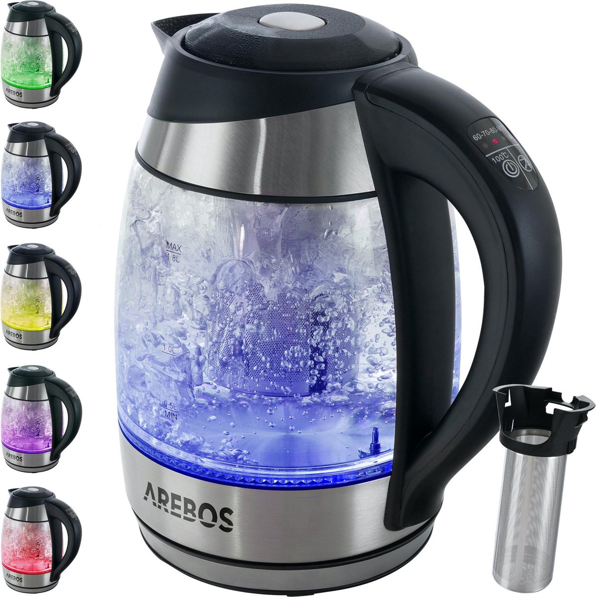AREBOS Waterkoker van Glas en Roestvrij Staal met LED 1