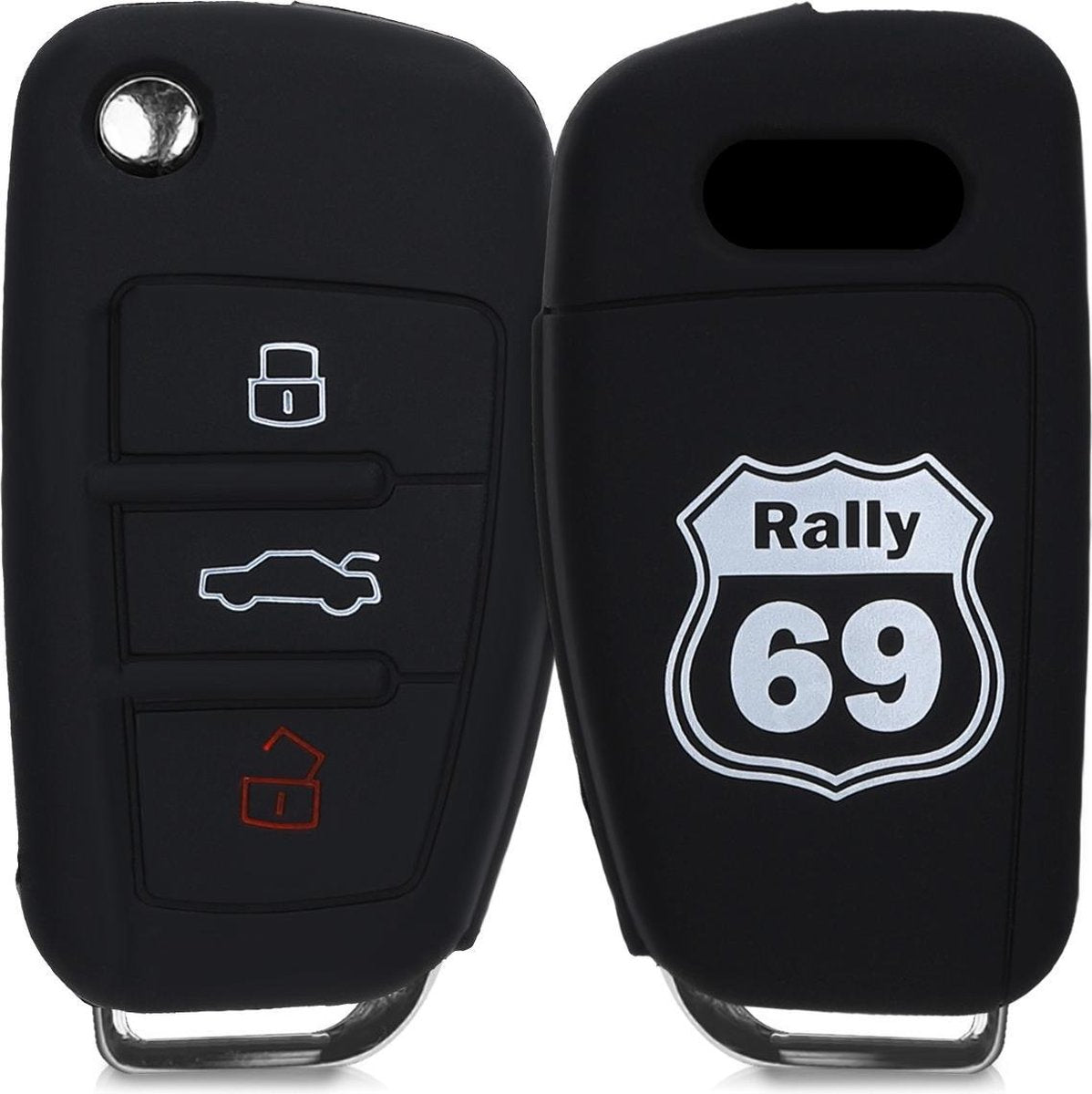 kwmobile autosleutelhoes voor Audi 3-knops autosleutel - Siliconen beschermhoes in zwart / wit / zwart - Rally 69 design