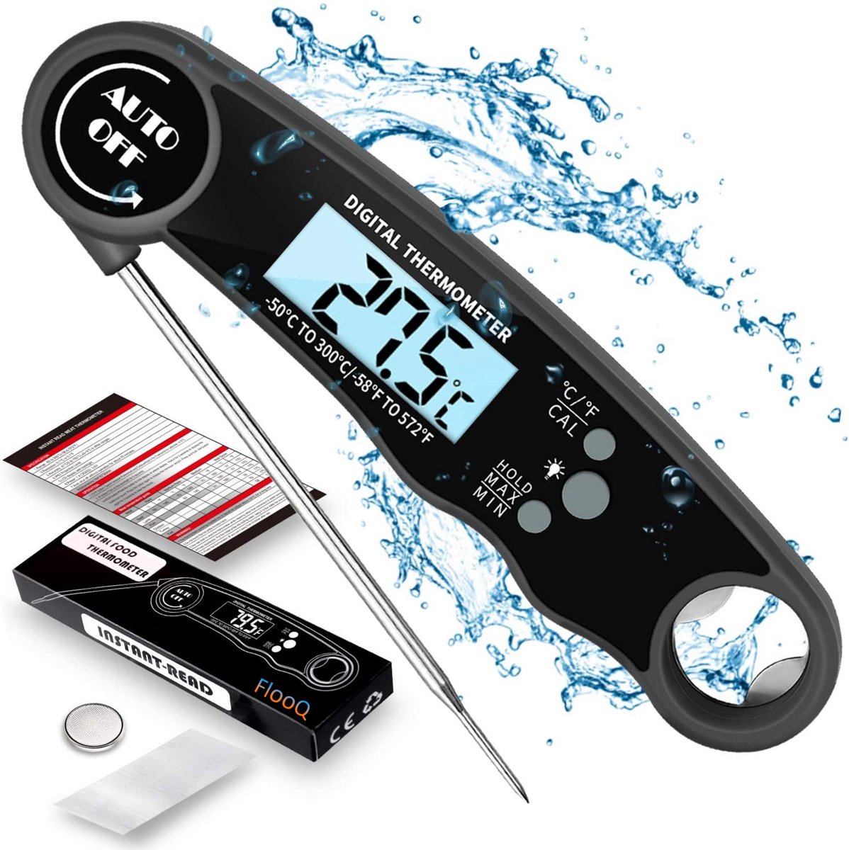 FLOOQ - Keuken Thermometer - Digitale Thermometer - Vleesthermometer - BBQ Thermometer - Automatisch - Waterdicht - Ingebouwde flesopener