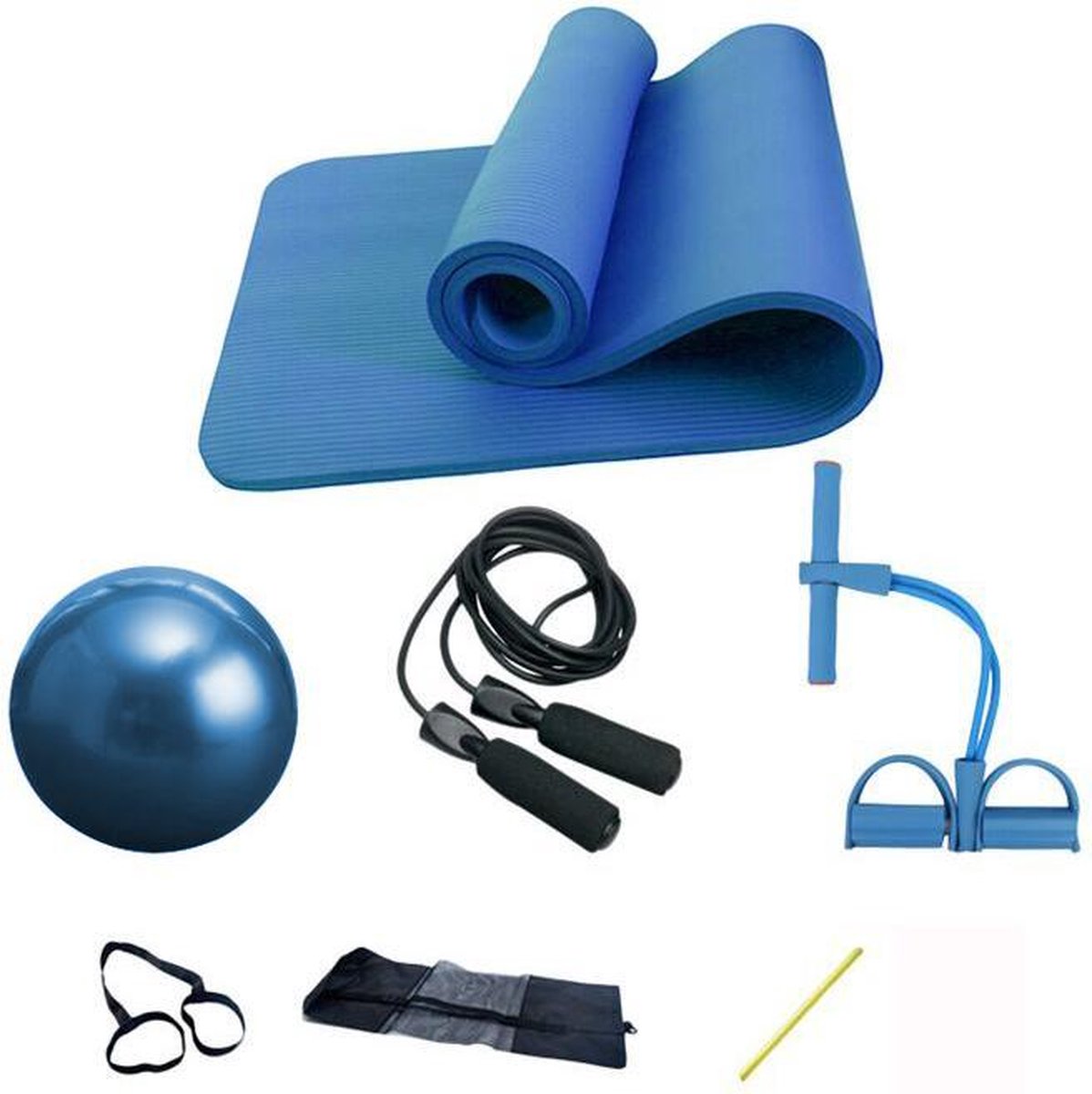 Yogaset 6 delig- Zachte yogamat - Pilates bal - Enkel stretcher - Springtouw - Inclusief hoes met band - Fitness equipment - Makkelijk meenemen - Ecovriendelijke TPE