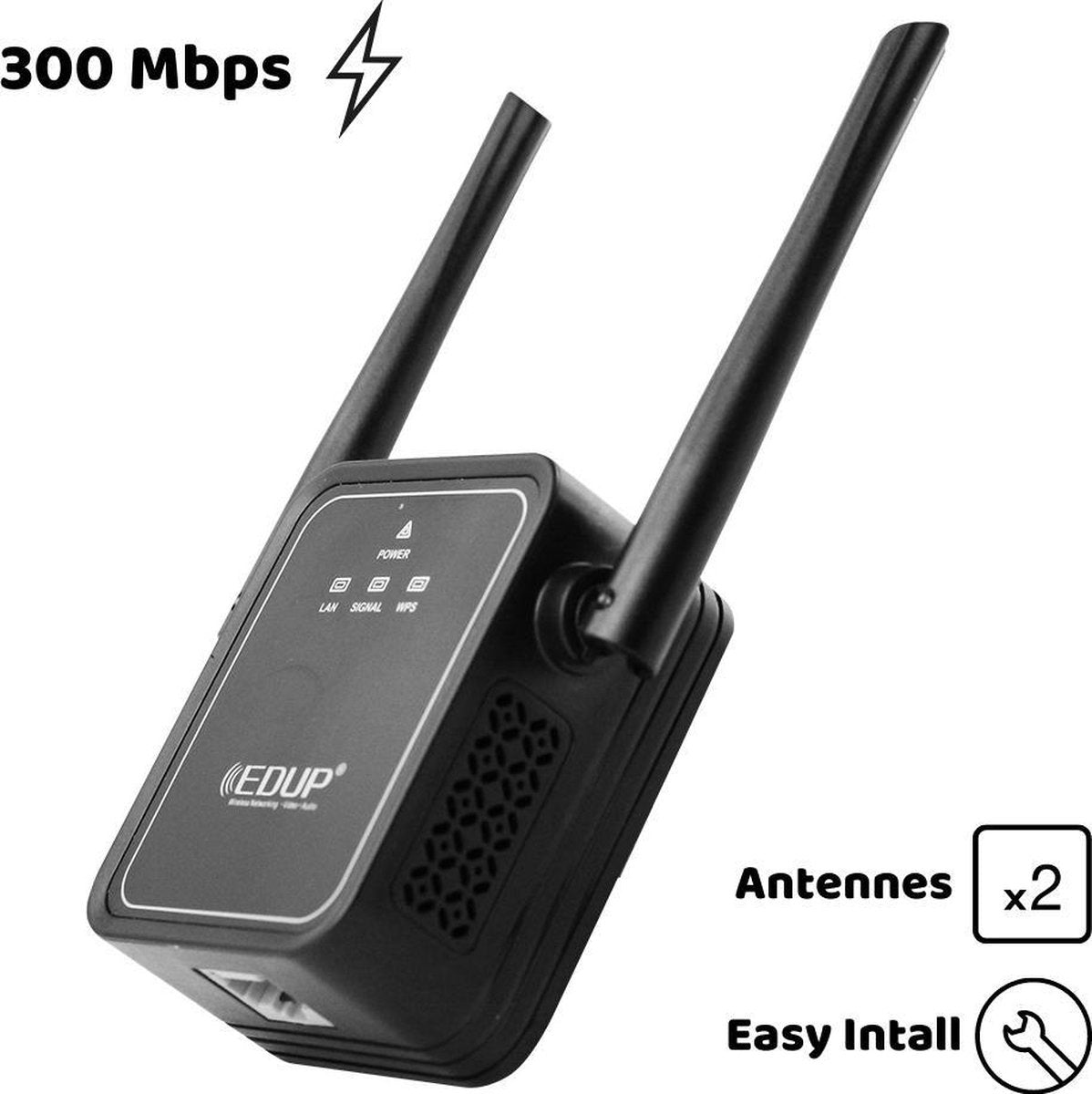 Wifi versterker – 300 Mbps - Stopcontact – Wifi Repeater – Range Extender - Met Antenne - Draadloos - Zwart