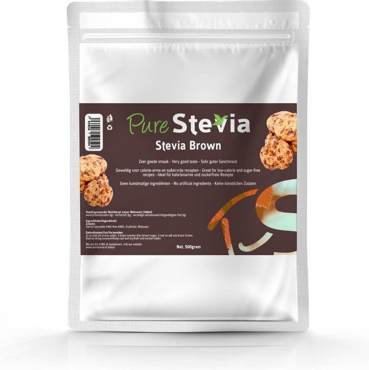 Stevia Bruine suiker / zoetstof - hersluitbare zak van 500g - Heerlijk van smaak! - Vervanger voor bruine suiker - Purestevia