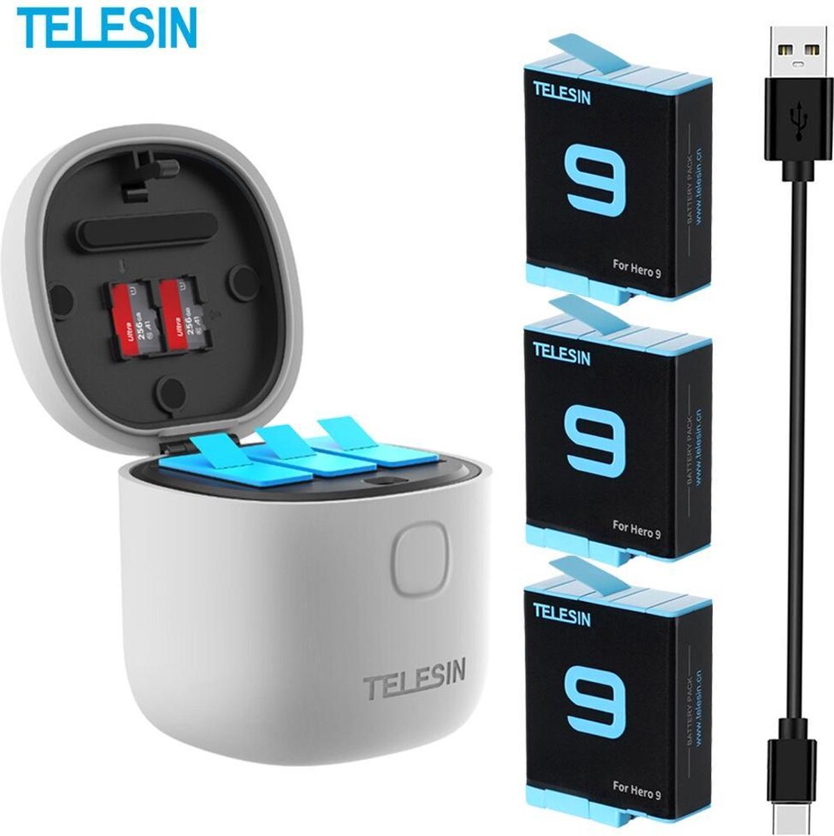 ALLIN BOX Pack Batterij Slots Oplader met Tf Kaartlezer Opslag + 3x Accu Batterij 1750mAh voor GoPro Hero 9 BLACK