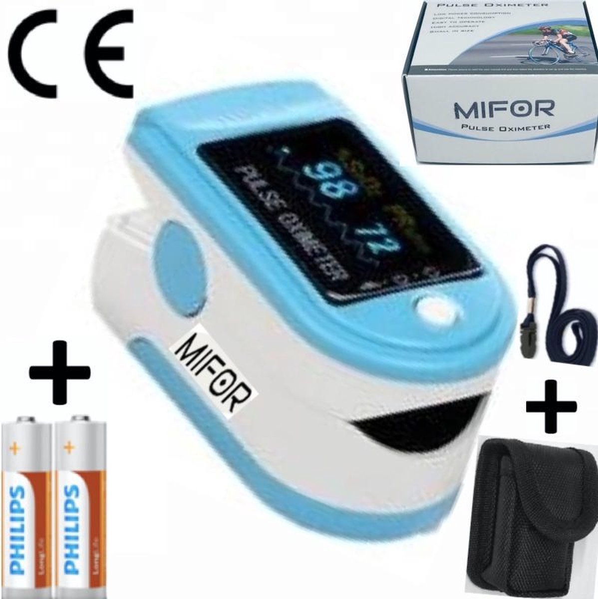 MIFOR® Professioneel Saturatiemeter met Hartslagmeter - INCL. BATTERIJEN & OPBERGTAS & DRAAGKOORD - Oximeter Spo2 - OLED Display - Zuurstofgehalte - Zuurstofmeter Vinger - Kleur Light Blue
