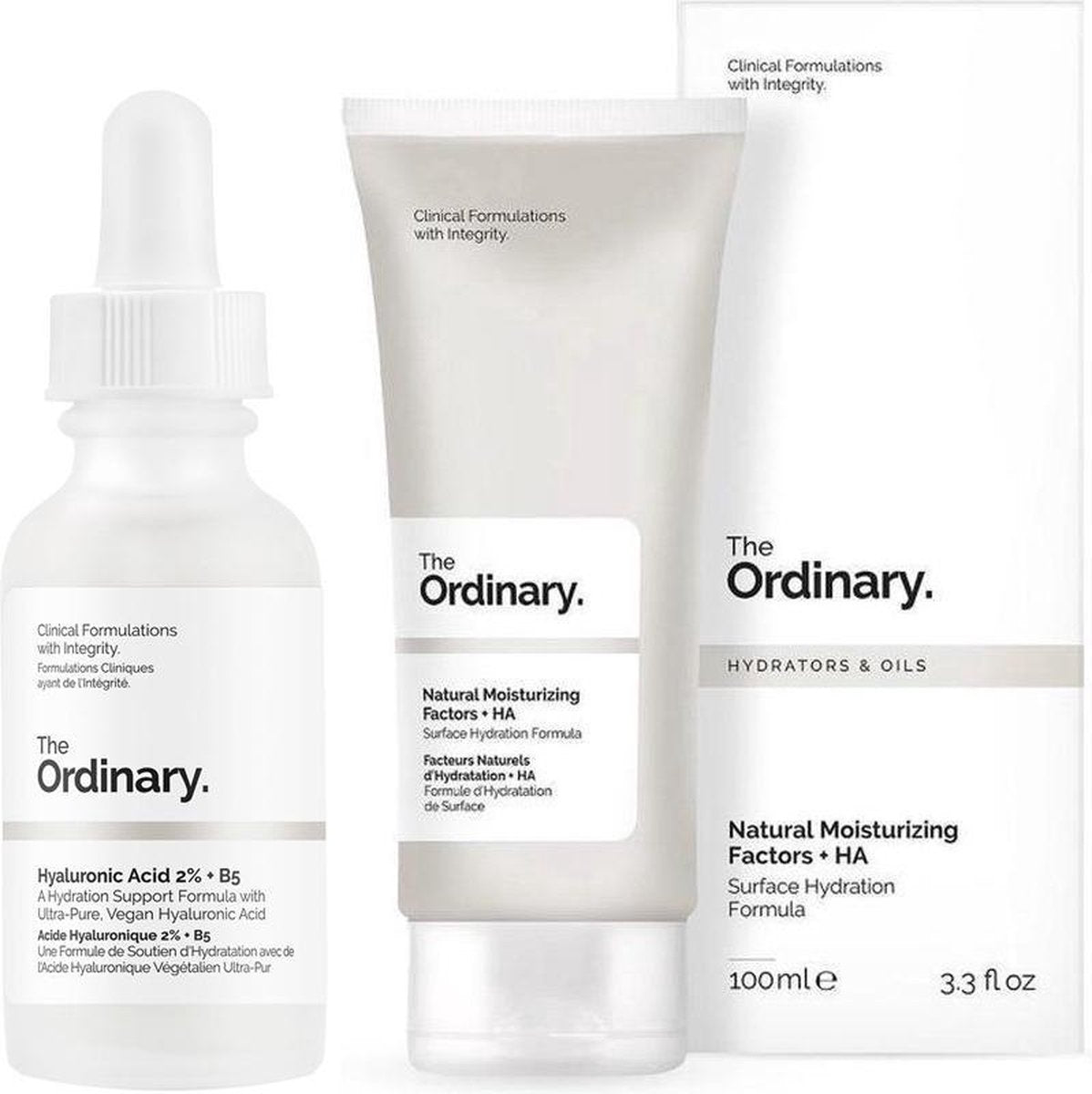 Duo skincare set The Ordinary | Hyaluronic Acid 2% + B5 serum | Natural Moisturizing Factors + HA 100ml | Ochtend routine tegen droge huid | Hydraterend | Stralende teint