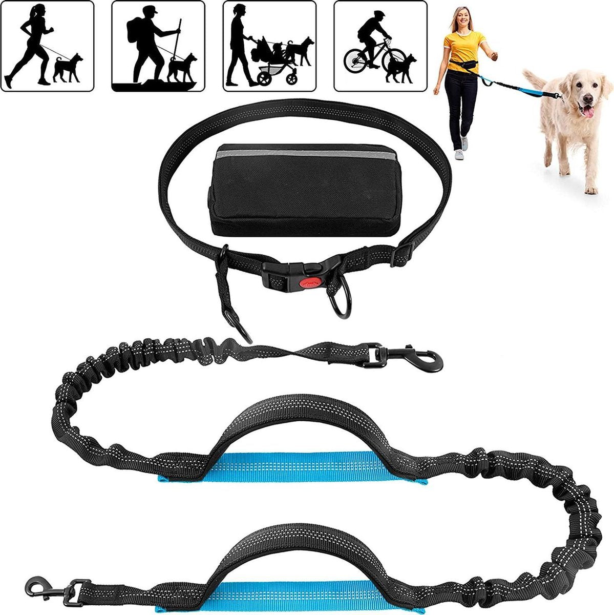 Donkersstuff - Hondenriem - Hondentuig - Handsfree hondenriem - heupriem hond - heupgordel hond - hardloopriem hond - - Honden - Met Schokabsorberend Reflecterend Heuptasje