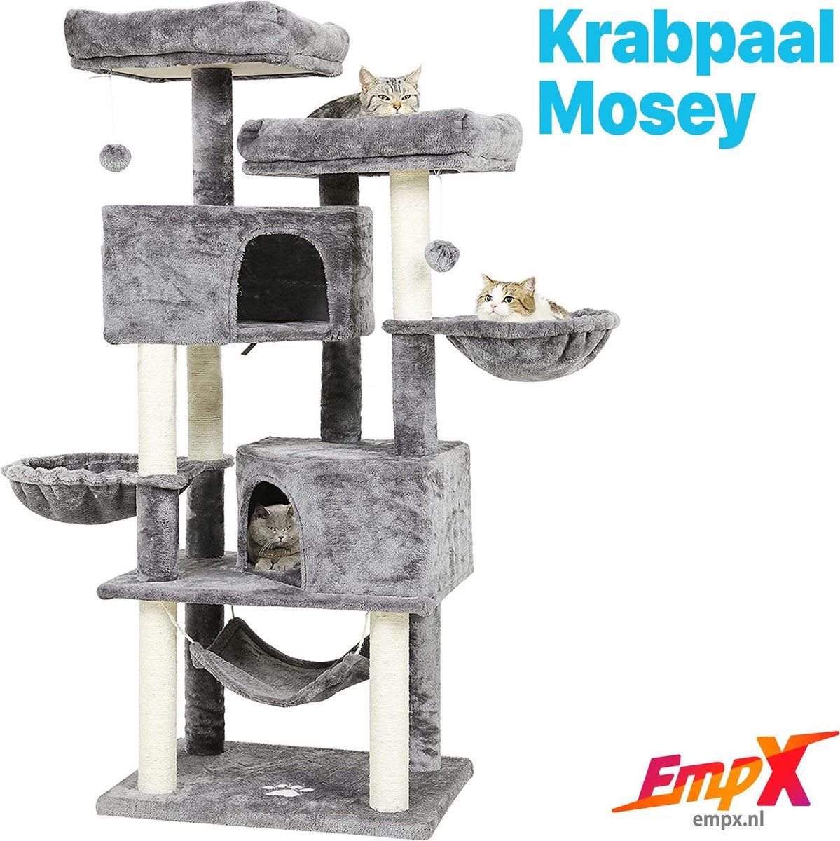 Krabpaal Mosey - Krabpaal - 60x45x153 cm Grijs - Comfort - 7 Ligplaatsen - Hout/Sisal - Tegen krabschade - Extra groot - Krabbed Natuurlijk Sisal Katten Spelletjes