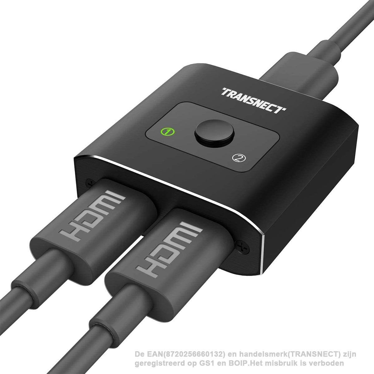 Transnect Tweerichtings HDMI Splitter Switch 1-IN-2-OUT / 2-IN-1-OUT - Ondersteunt 4K 3D 1080P HD - Plug & Play