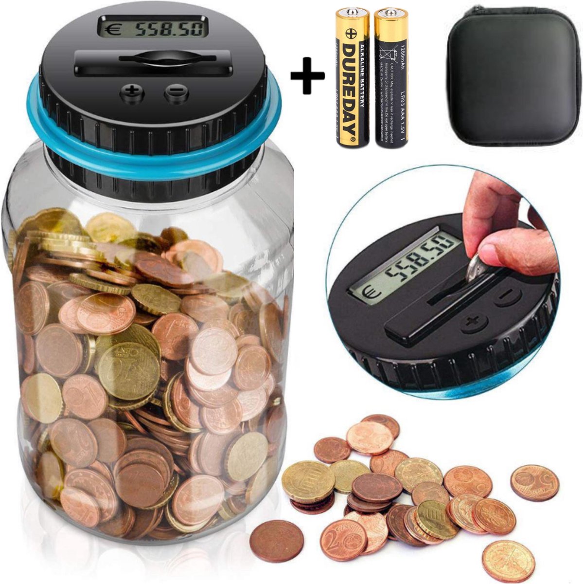 Luxergoods Digitale Spaarpot Met Munten Teller - Inclusief Batterijen en Munt Portemonnee - Geldteller - EURO munten (1.8L) - Blauw