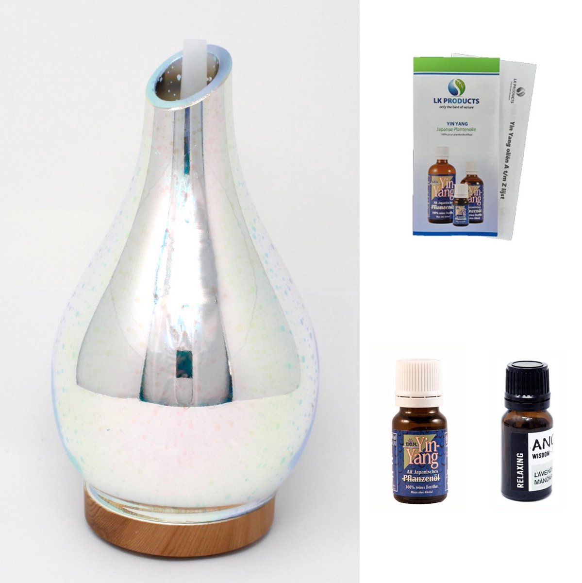 Ixia Aroma Diffuser 3D glas 100 ml – met 2 oliën - 7 LEDs - 5 recepten - USB kabel