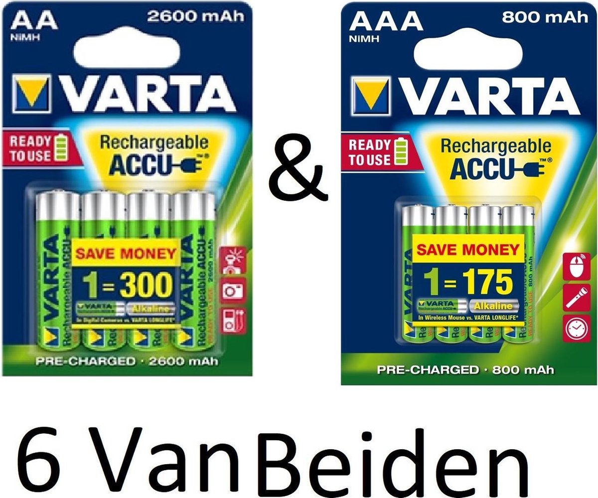 (6 Van Beiden) Varta AA & AAA oplaadbare batterijen Combi aanbieding  2600 mAh & 800 mAh