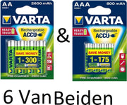 (6 Van Beiden) Varta AA & AAA oplaadbare batterijen Combi aanbieding  2600 mAh & 800 mAh